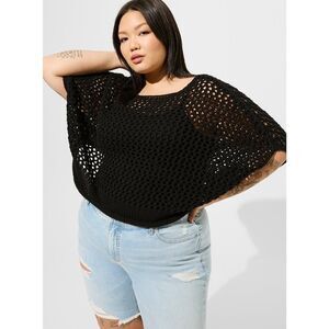 Torrid Open Stitch Pullover Cropped Sweater Short Sleeve Black Womens Size 3/4X